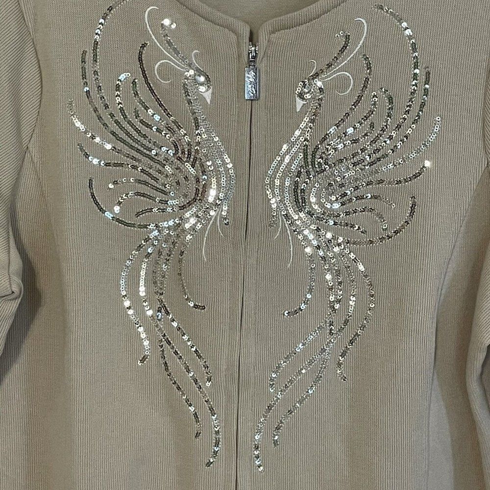 Bob Mackie Sweater Wearable Art Cream Sequin Embroidered Bird Women Large